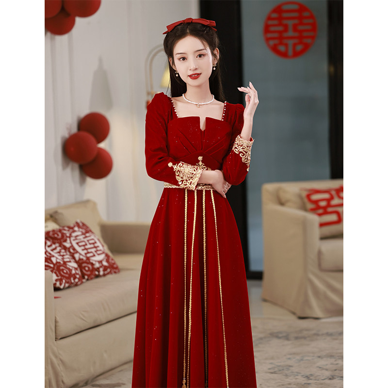 酒红色敬酒服新娘2023新款夏季气质高级感结婚订婚礼服女平时可穿_虎窝淘