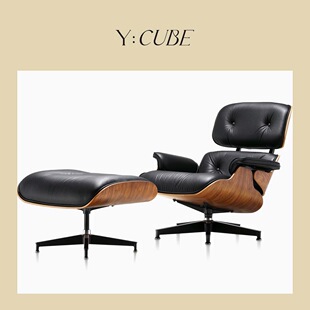 全新现货Y:CUBE美国进口Herman Miller Eames黑色木皮质休闲椅子