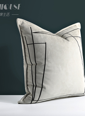 渡家轻奢现代设计师推荐样板房沙发靠包床上靠垫灰色抱枕抽象刺绣