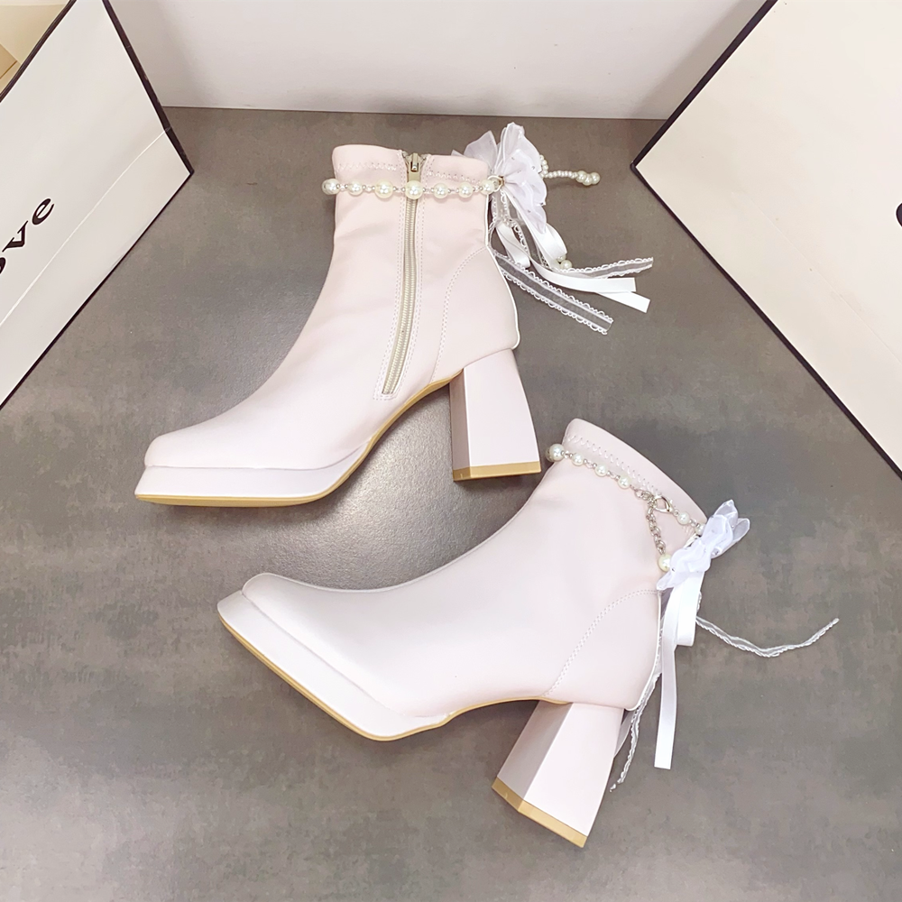 中式秀禾婚靴红色高跟鞋粗跟短靴女秋冬蝴蝶结保暖防水台白色靴子