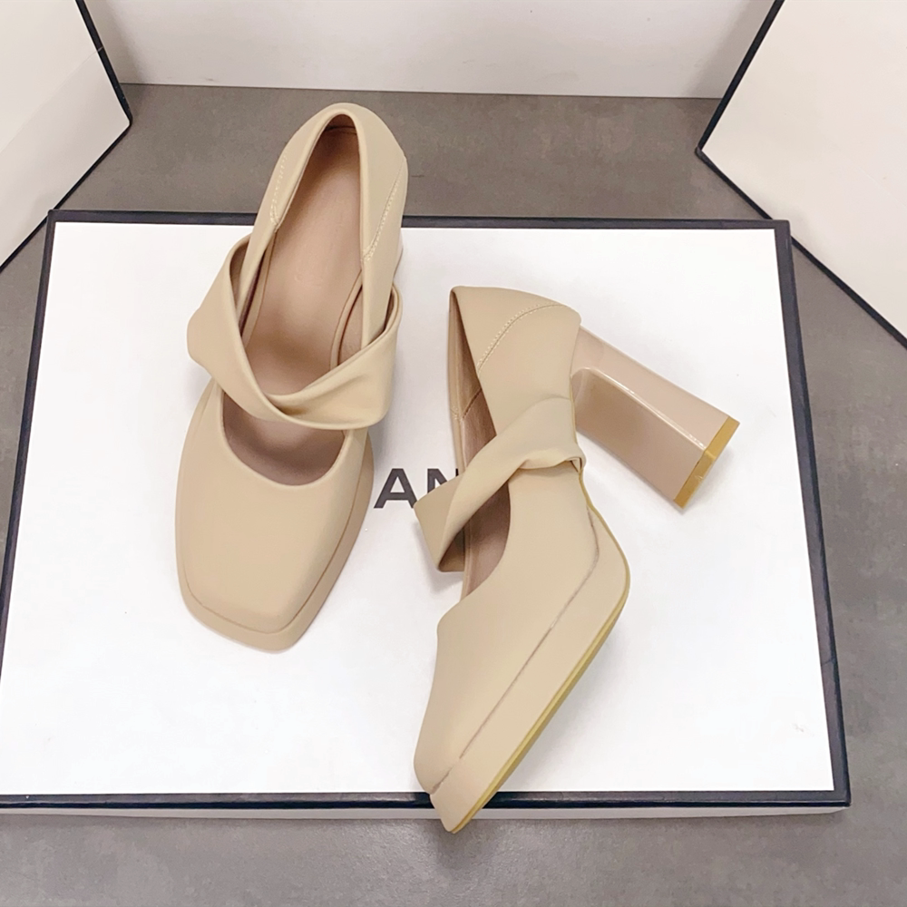 法式裸色高跟鞋女方头粗跟单鞋简约一字带防水台百搭职业OL通勤鞋