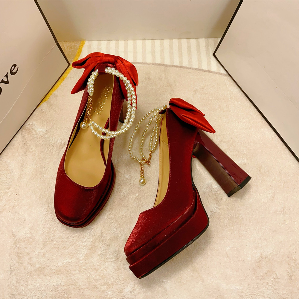 法式珍珠绸缎高跟鞋女粗跟厚底防水台蝴蝶结一字扣单鞋酒红色婚鞋,女鞋,浅口单鞋,淘宝优惠券,粉丝福利购,淘宝优惠卷