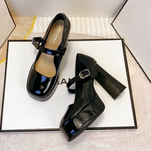 亮面防水台高跟鞋 女黑色漆皮一字扣带通勤OL单鞋 粗跟玛丽珍鞋 法式
