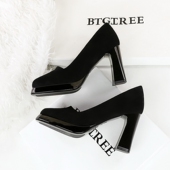 防水台高跟鞋 女方头简约绒面高级感职业OL通勤鞋 9CM 法式 粗跟单鞋