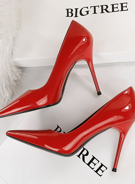 红色婚鞋女欧美细跟高跟鞋浅口尖头亮面性感黑色职业OL女大码单鞋