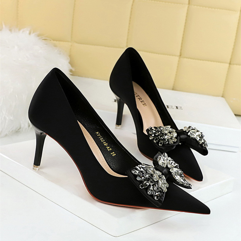 水钻蝴蝶结单鞋欧美风性感宴会鞋女细跟浅口尖头绸缎大码超高跟鞋