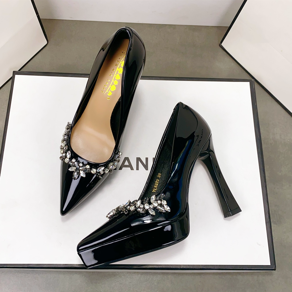 法式防水台高跟鞋女水钻粗跟单鞋