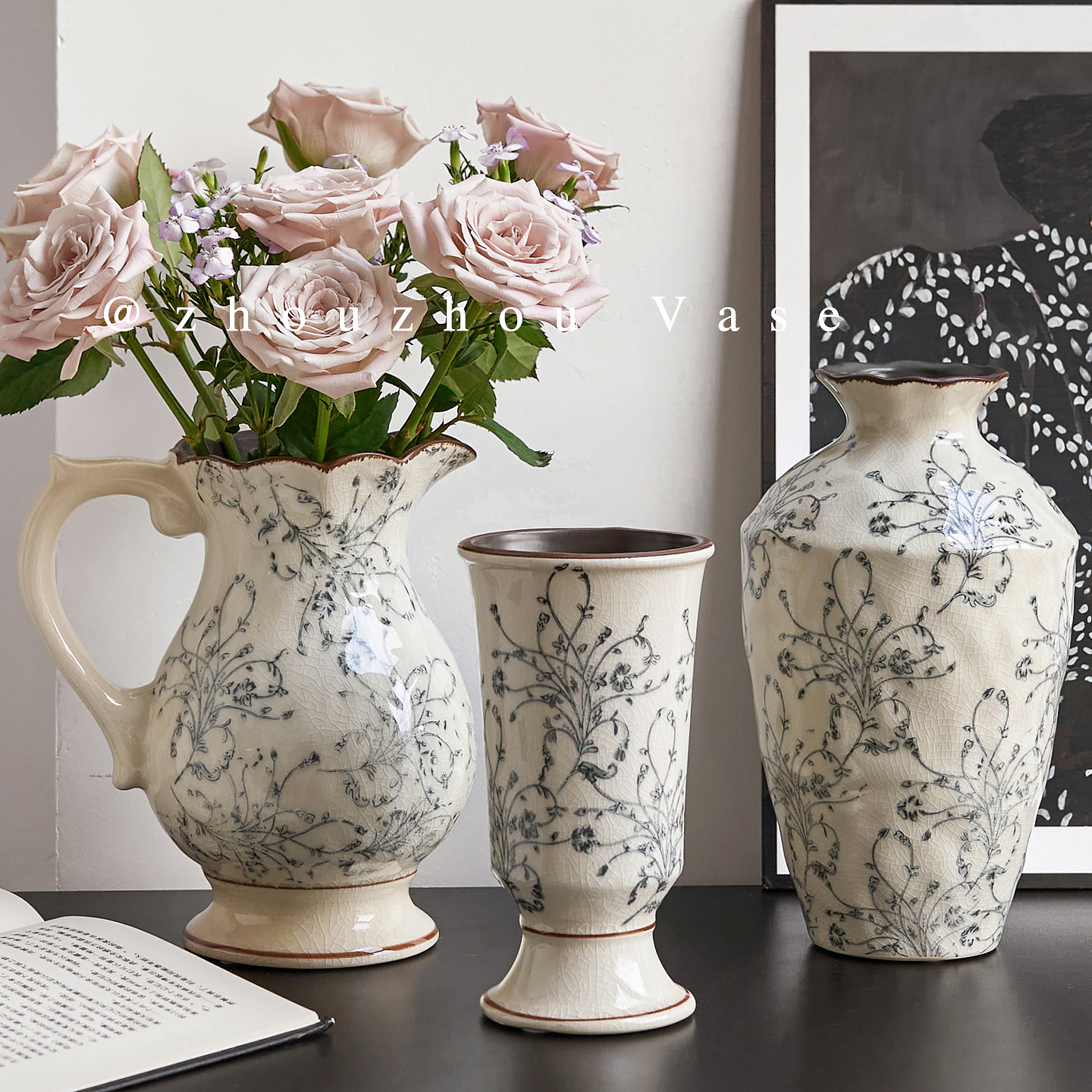 冰裂纹水墨青花瓷陶瓷花瓶中式复古家居客厅摆件水养鲜花插花花器