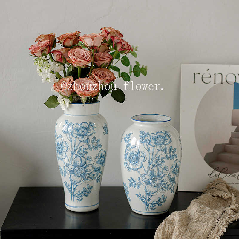 高级感新中式复古青花瓷陶瓷花瓶水养插花鲜花客厅玄关装饰品摆件