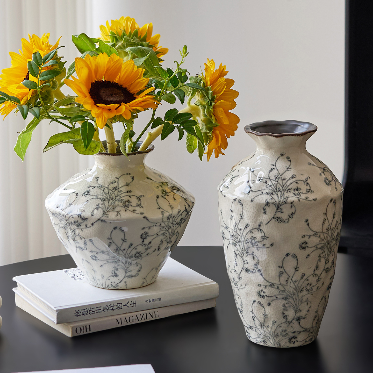 水墨花瓶冰裂陶瓷水养插花客厅书房办公桌新中式禅意软装饰品复古