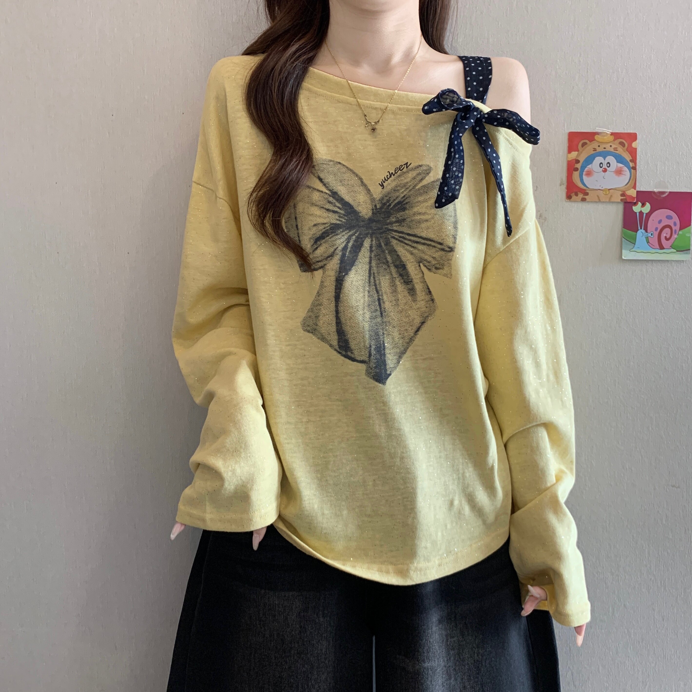 大码遮肚子美式印花长袖T恤打底T恤