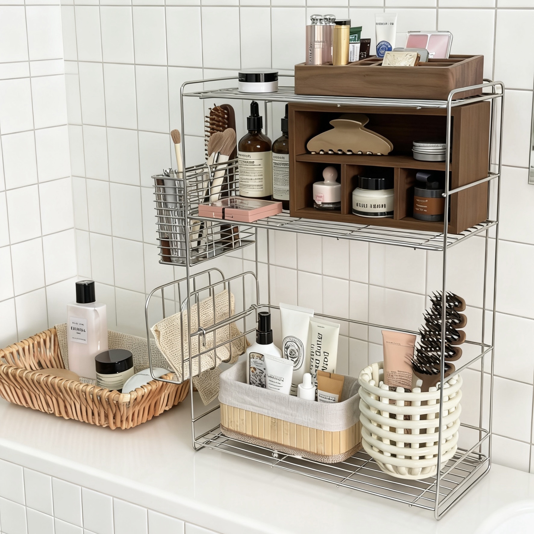 不锈钢收纳架双层置物架子天然藤编护肤品化妆品高级感桌面整理架