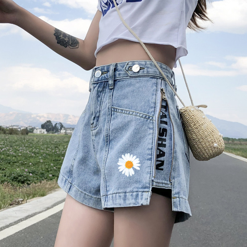 小雏菊牛仔短裤女夏季2020年新款菊花网红裤子高腰阔腿a字裤宽松