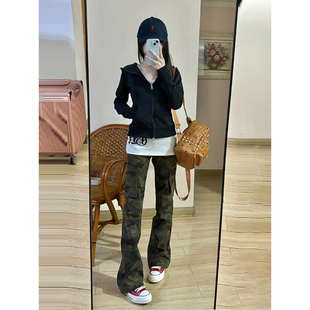 美式复古迷彩工装裤女款春秋潮牌vibe窄版直筒裤子高腰微喇牛仔裤