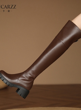 JONCARZZ真皮过膝长靴女2025年秋冬新款棕色厚底高筒骑士靴C1100