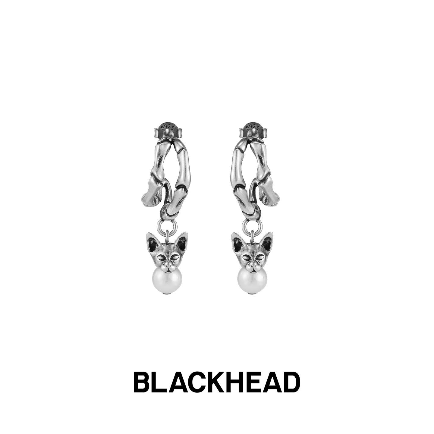BLACKHEAD/黑头新款S925银饰夜猫骷髅珍珠耳坠单只