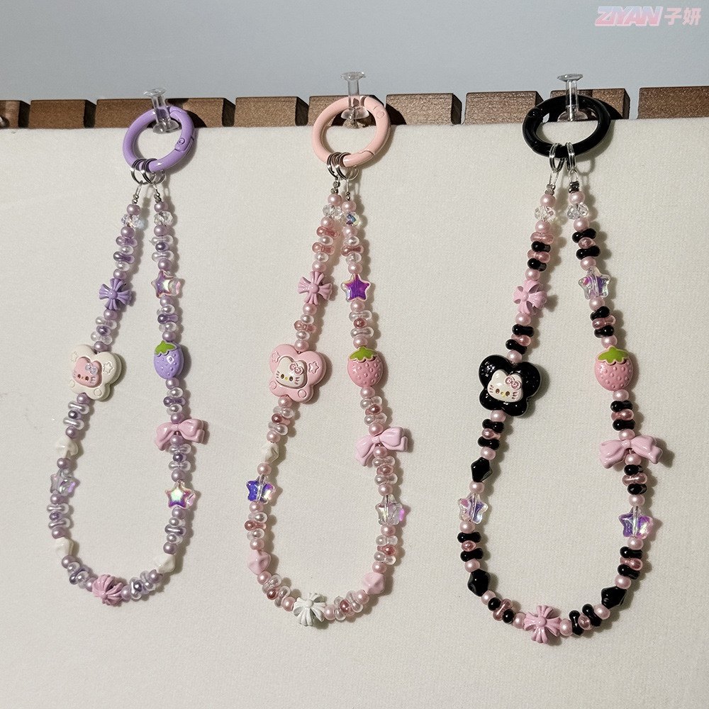 卡通合金链亚克力黑粉甜酷彩色花生珠KT猫包包挂饰钥匙扣挂件