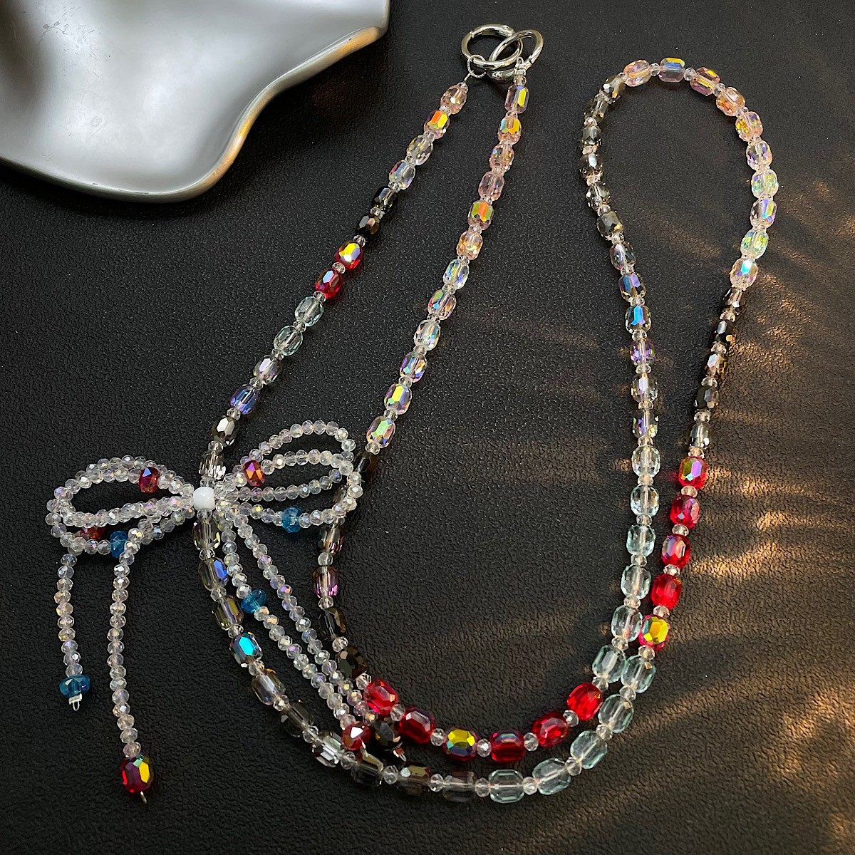 水晶蝴蝶结挂绳链长链珍珠通用百搭包包挂链串珠长款链条