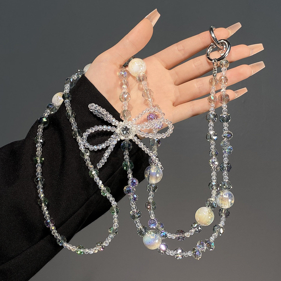 高级粉色蝴蝶结串珠手机挂绳手机链女斜挎可背带手机挂链串珠链条