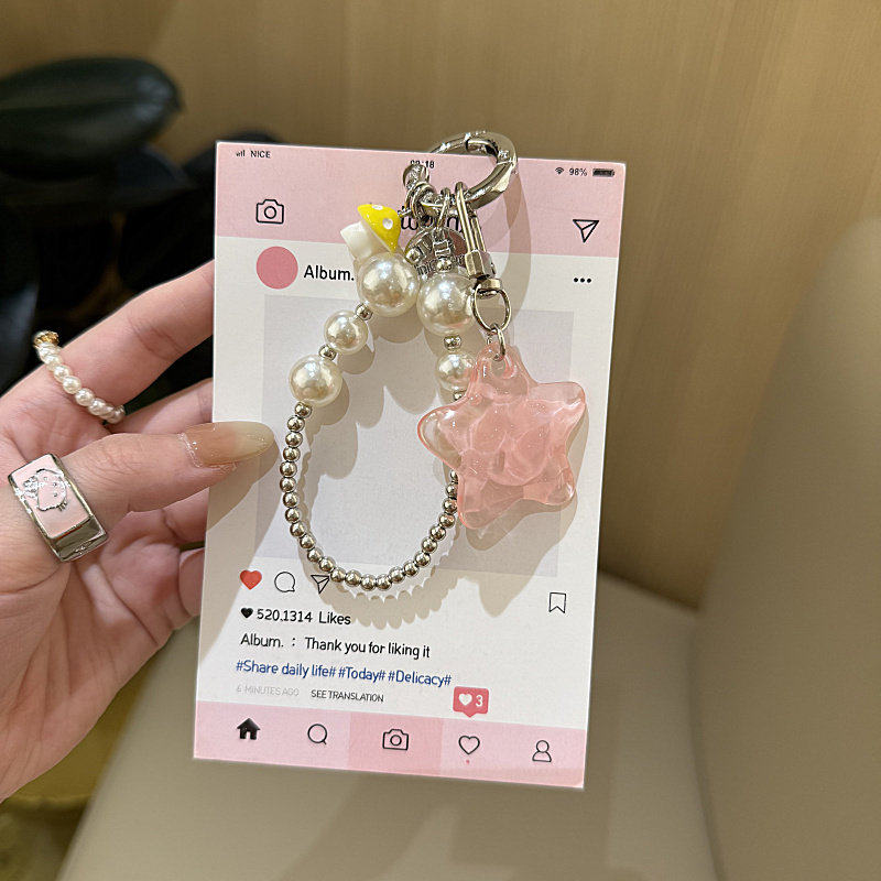 ins星星珍珠蘑菇链包挂小众时髦配饰新款钥匙扣百搭链条少女