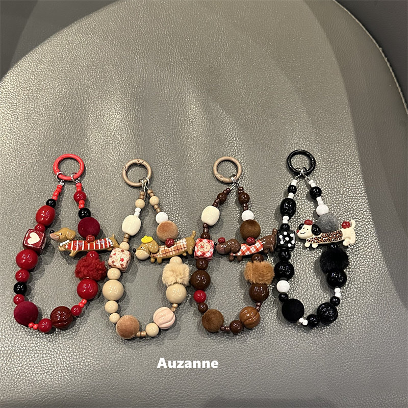 超可爱链挂件毛绒串珠腊肠狗吊坠手腕绳链条手链粉挂绳串珠挂链