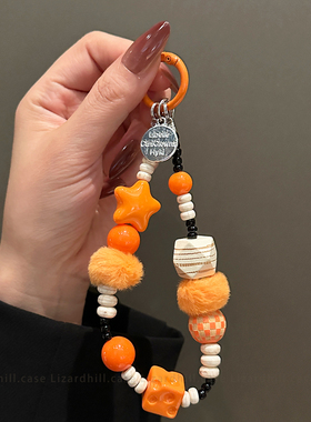 秋冬款毛球超火橙色手工串珠链短款挂绳手提链可背带夹片时尚网红