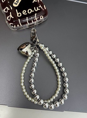韩国ins珍珠银珠双链爱心坠链条链车钥匙扣挂件防掉