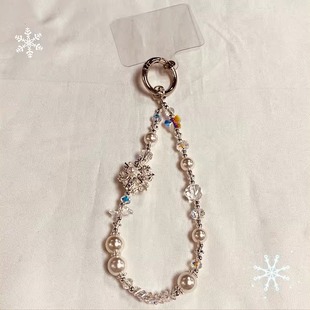 冬季雪花链短款玻璃珍珠水晶串珠钥匙扣高级精致包挂件