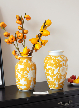 复古陶瓷花瓶新中式仿古黄色手绘青花瓷客厅插花水培餐桌装饰摆件