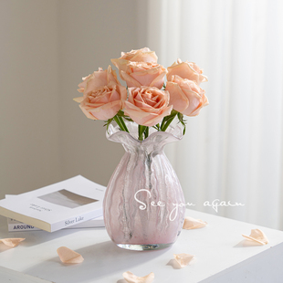高级感ins风粉色玻璃小众水培鲜花餐桌装 花瓶摆件客厅插花法式 饰