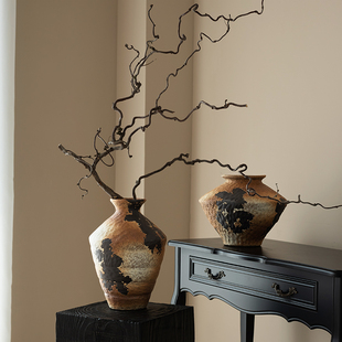 侘寂风陶瓷花瓶复古怀旧仿古禅意摆件客厅电视柜水培插花民宿装 饰