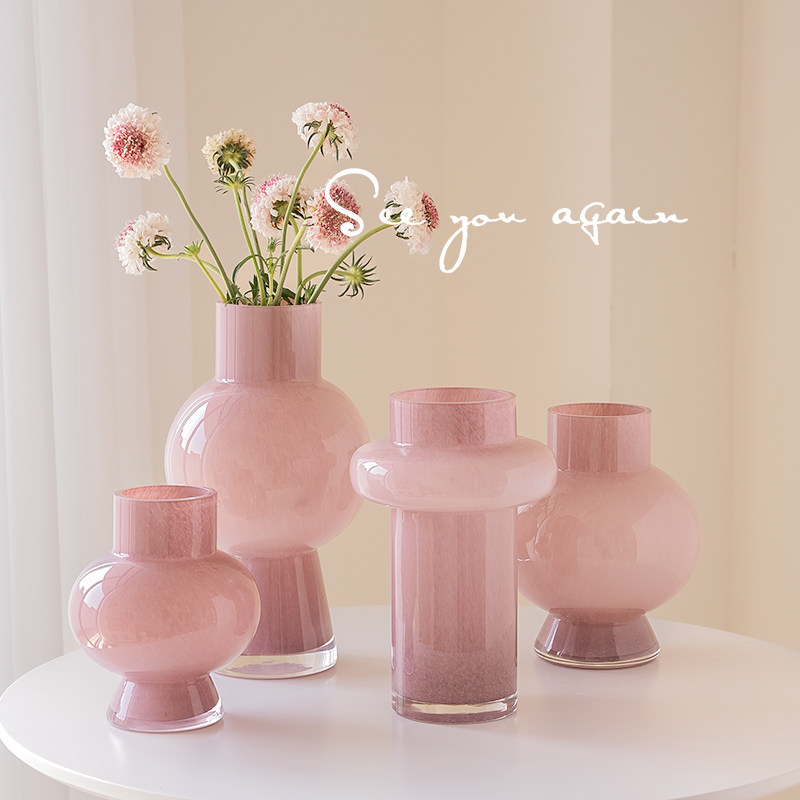 高级感粉色法式玻璃花瓶复古花器客厅水培插花餐桌轻奢装饰品摆件