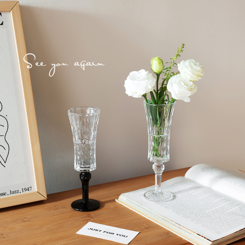 法式高级感轻奢玻璃花瓶透明高脚小众客厅插花水培鲜花装饰品摆件