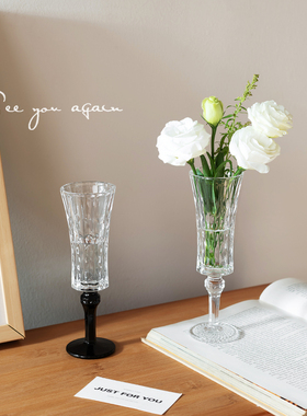 法式高级感轻奢玻璃花瓶透明高脚小众客厅插花水培鲜花装饰品摆件