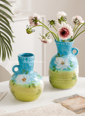 超好看花瓶复古蓝色高级感陶瓷水培鲜花创意插花客厅桌面专用摆件