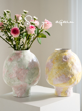 设计师款艺术花瓶彩色手绘陶瓷花器客厅插花高级感ins风桌面装饰