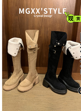 34~43码美拉德两穿翻折高跟过膝靴子大筒围胖mm加宽长筒骑士靴女