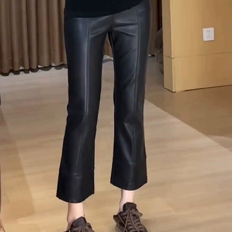 2025年秋冬新款真皮皮裤女小个子九分高腰烟管直筒裤显瘦微喇裤女