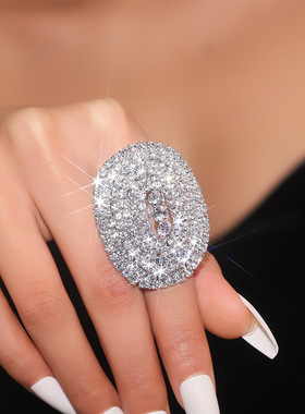 欧美跨境几何闪亮水钻戒指女 气质镶锆石开口可调节戒指环手饰品