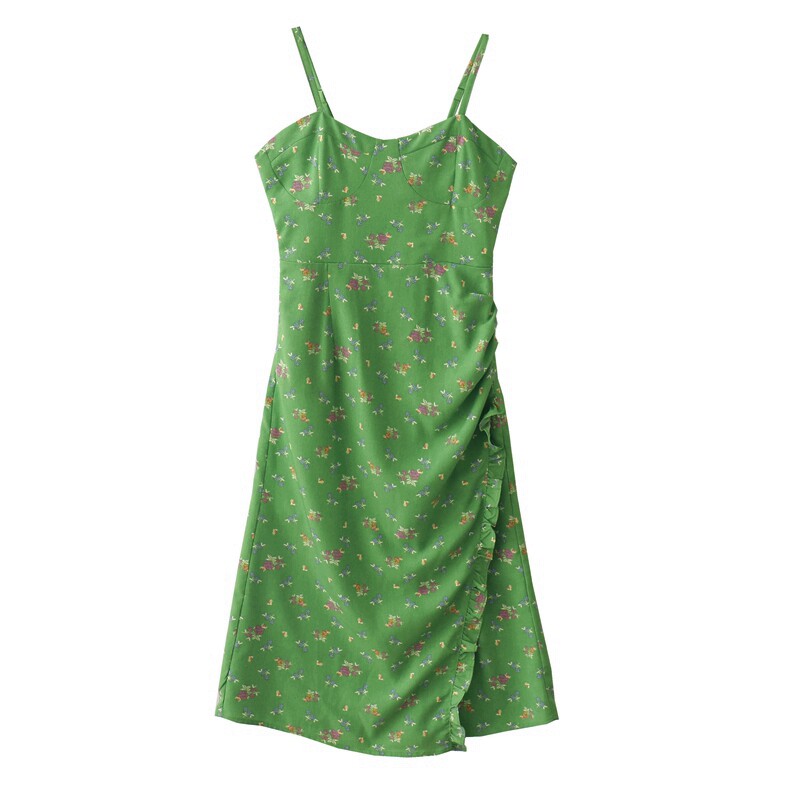 原创夏季新款小众绿色碎花吊带裙女高腰修身显瘦开叉设计感连衣裙