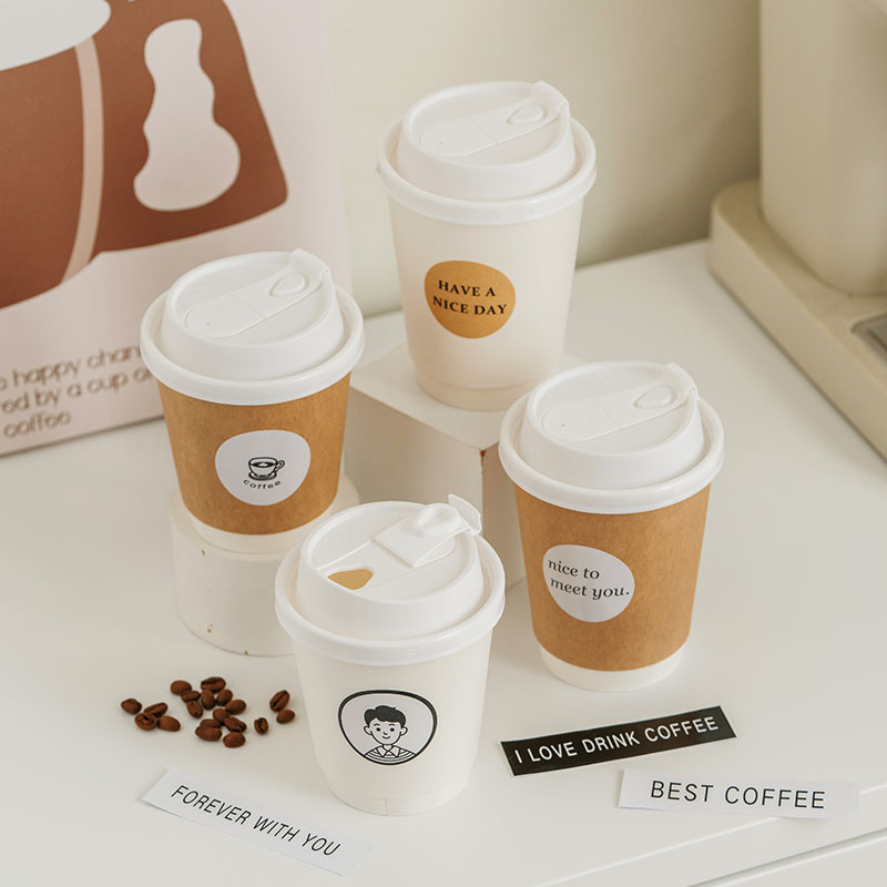 一次性咖啡纸杯带盖商用奶茶外卖杯牛皮纸杯热饮专用杯摆摊外带杯