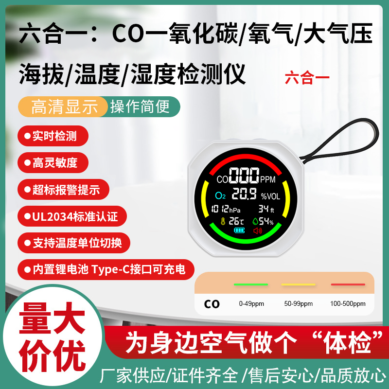 一氧化碳检测仪气体监测仪器便携式空气质量温湿度氧气探测CO报警