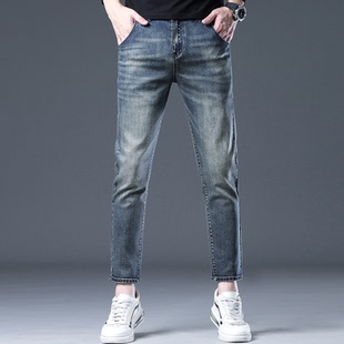 复古蓝九分软牛仔裤春秋季新款男士潮牌弹力高端修身小个子小脚裤