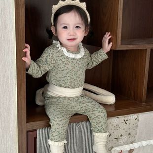 睡衣两件套 婴儿女宝宝洋气花边领碎花长袖 女童家居服套装 春秋新款