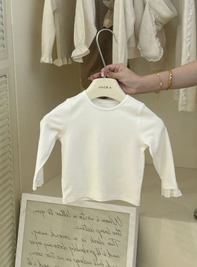 女童春秋季新款白色花边袖打底衫宝宝洋气百搭T恤上衣纯色打底衫