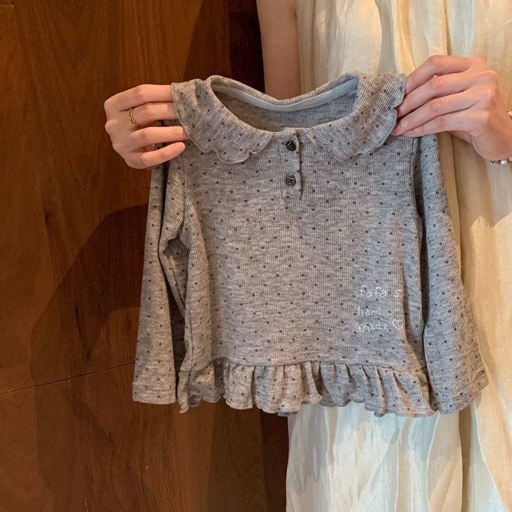 女童洋气长袖上衣新款秋装小童女宝宝翻领打底衫花边下摆洋气时尚