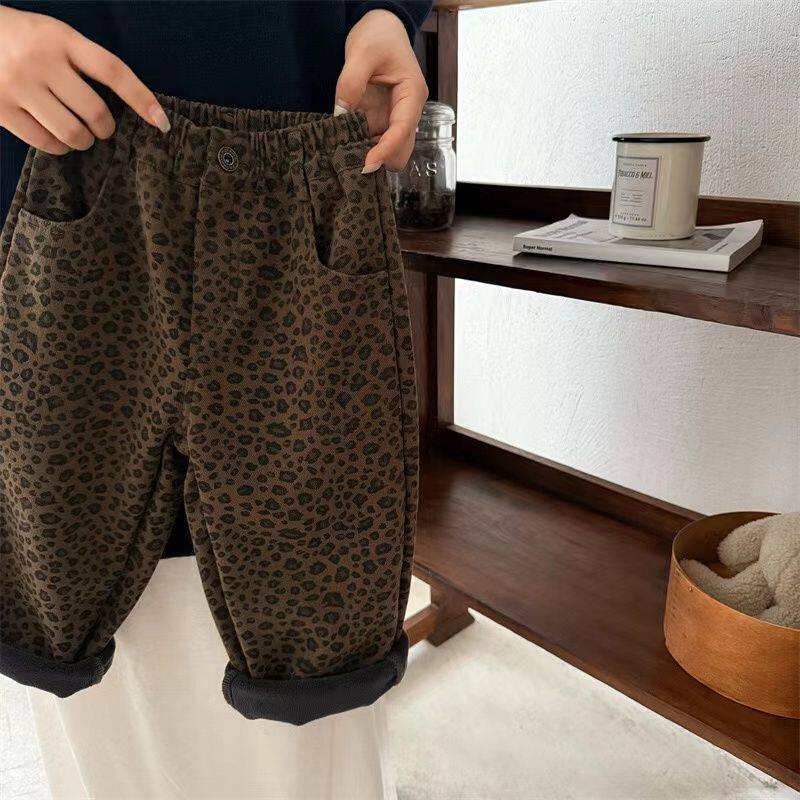 儿童豹纹长裤男女童加绒冬款休闲裤宝宝直筒一体绒裤子宝宝秋冬款