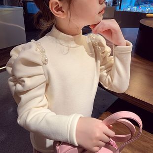 女童冬季加绒加厚奥丽绒珍珠泡泡袖打底衫女宝宝纯色洋气保暖上衣