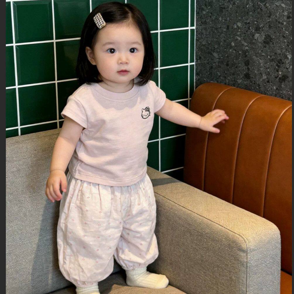 时尚套装女童夏季新款两件套女宝宝甜美可爱kt抽绳短袖小花灯笼裤