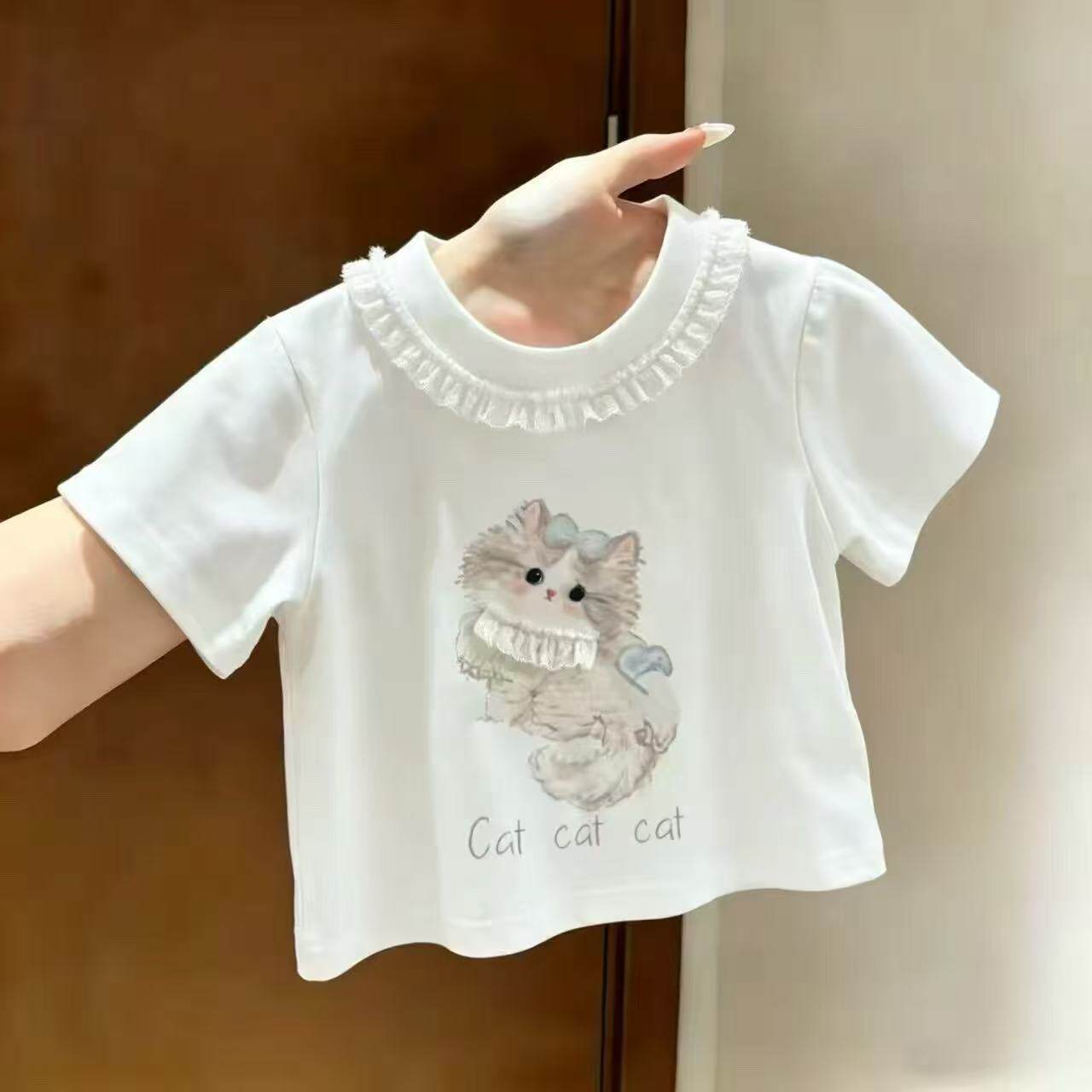 现货纯棉夏季女童甜美猫咪印花白色短袖T恤女新款设计感上衣亲子